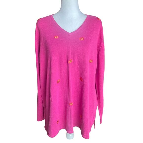 The Quacker Factory Pumpkin Embroidered Sweater Pink Long Sleeve Womens Size XL - Picture 1 of 8